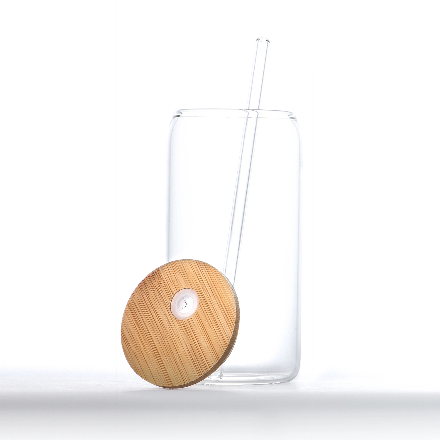 Clear Beer Glass Can Drinking Cup with Bamboo Lid and Straw