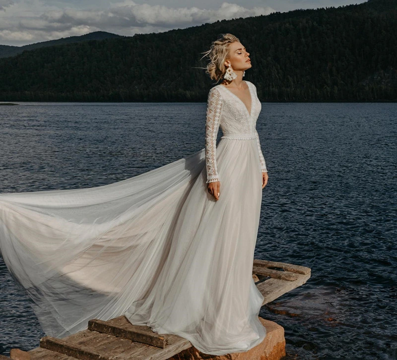 Strand Brautkleider Spitze Tülle lange Ärmel Hochzeitskleid H13342