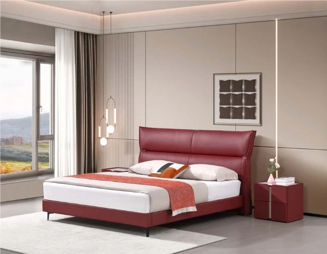 Modern Bedroom Furniture Set Dormitory Hotel Red Nappa Leather Twin Bed