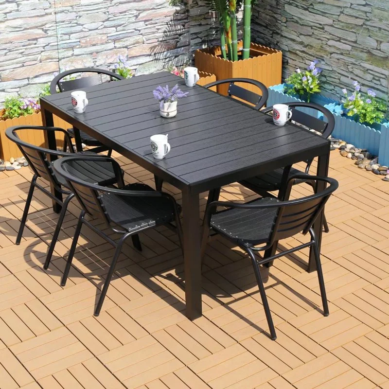 Hot Selling Outdoor Bistro Cafe Garden Furniture 6 or 4 Seats Plastic Wood Restaurant Dining Tables and Chairs