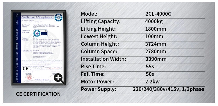 Easy Installation Adjustable Height Automatically Car Hoist 2 Post Lift Vehicle 2cl-4000g