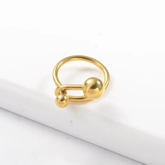 Estilo frío de la línea de joyas de arte creativo doble bola de titanio anillos de acero inoxidable chapado en oro 18K Anillo de abalorios