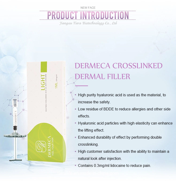 Dermeca Light 2 مل/محقنة حقنة حديثة عبر ربط حقن الحشو Ha Derm 0.3 ٪ حشو الجلدي من حمض ليدوكايين هيالورونيك للشفة/الوجه/الثدي/الجسم/الزفت