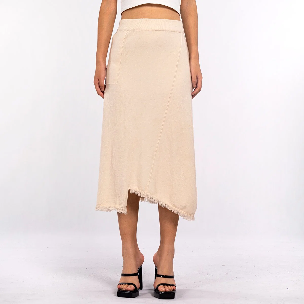 Design Irregular Beveled Edge Raw Edge with Pockets High Waisted Knit MIDI Skirt for Women