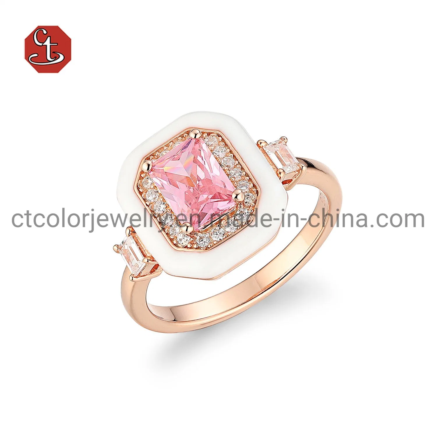 Wholesale 925 silver White enamel Pink Gemstone CZ Ring Jewelry