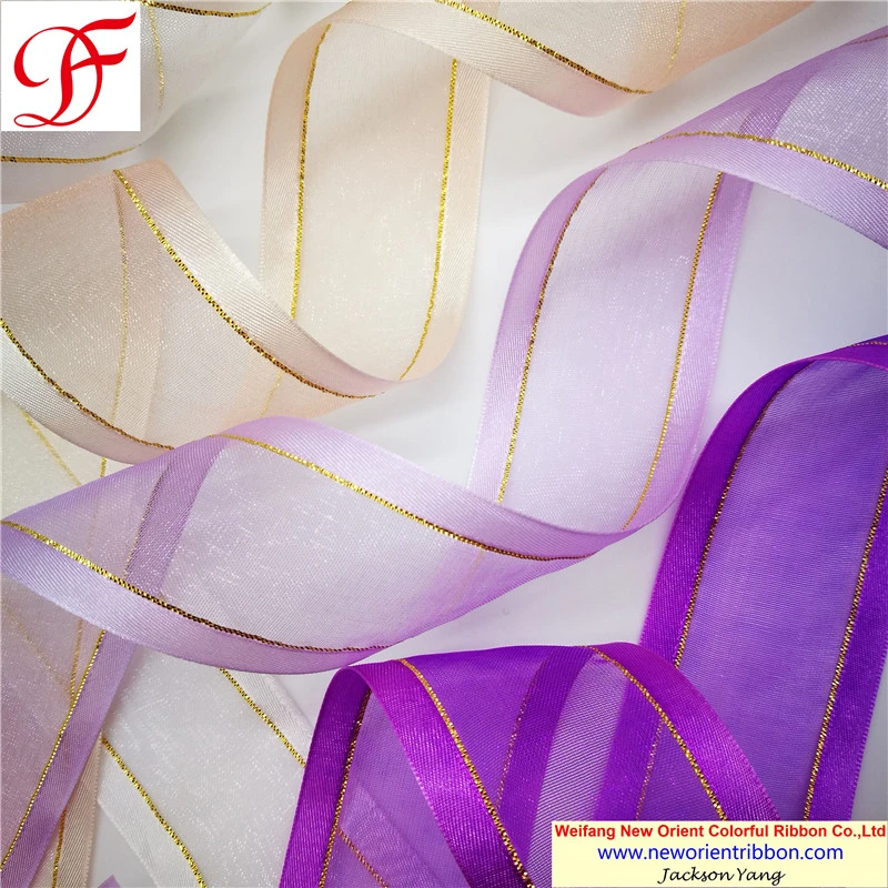 100% Nylon Satin Edge Organza Ribbon with Metallic Trims for Wrapping/Decoration/Xmas/Bows/Garment/Gift Decoration