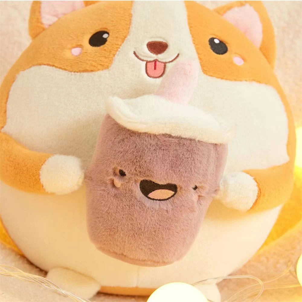 Round Ball Milk Tea Corgi Doll Cute Corgi Puppy Plush Toy Throw Pillow Children Comfort Doll Furniture Decoration