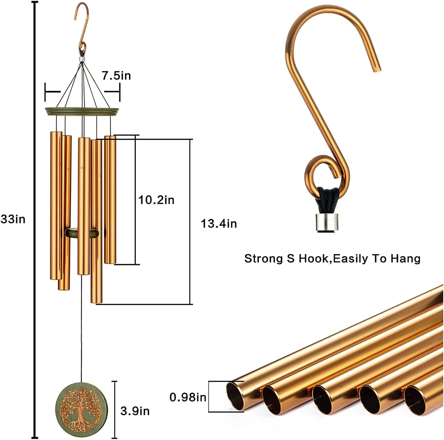 Chimeneas de viento grandes al aire libre tono profundo, Memorial Windchime grabado Lifetree para el exterior, Condolencias Chimes Regalo para mamá/Navidad, árbol de Oro Chime en memoria de amó O.