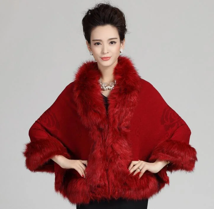 Oversized Knitted Cardigan Cape Coat Fox Fur Shawl