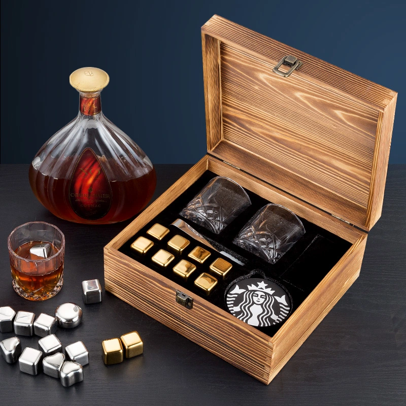 Wood Box Stainless Steel Reusable Ice Cube Chilling Stone and Glass Set with Whiskey Stones Set