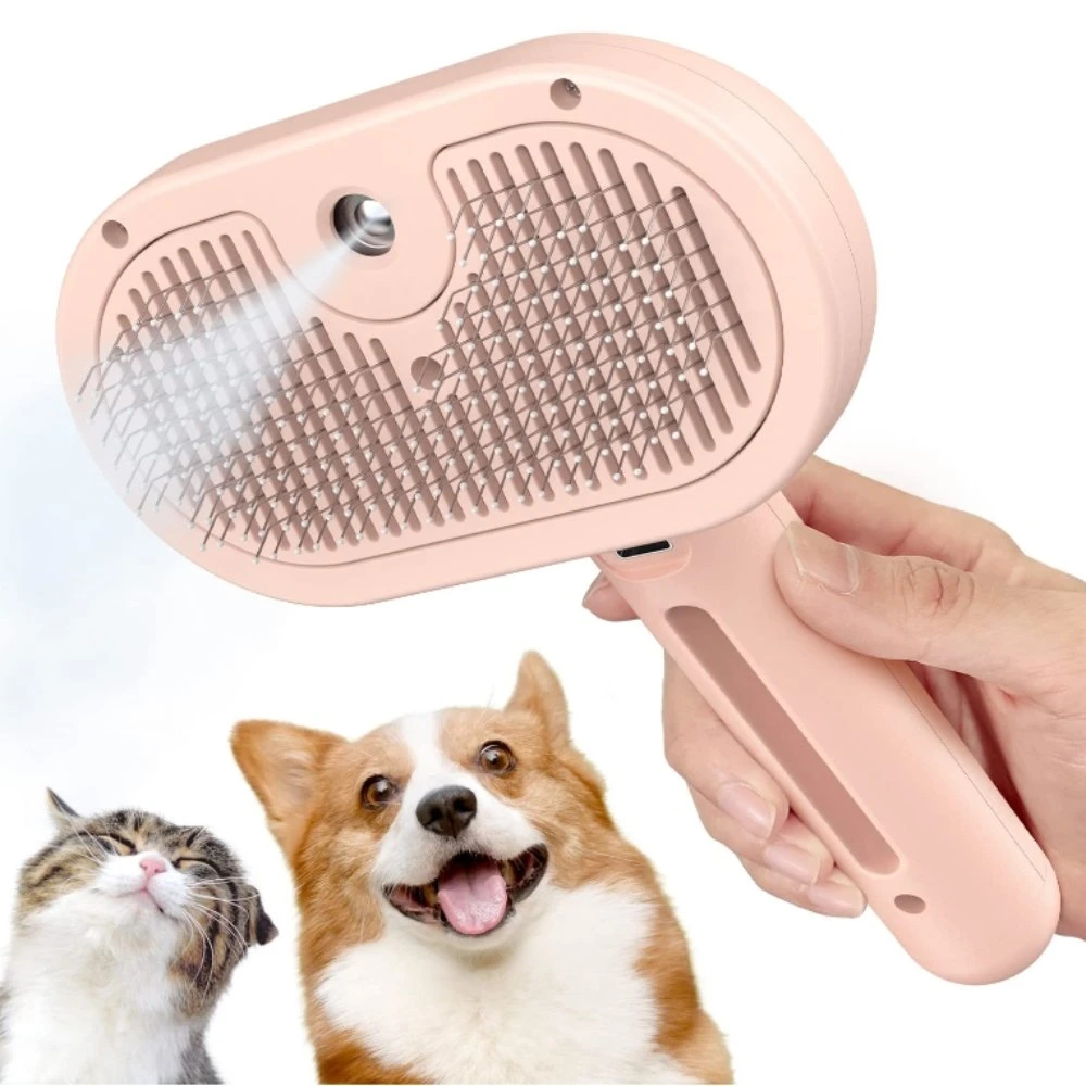 Brosse pour chiens et chats à poils longs et courts, auto-nettoyante avec pulvérisation.