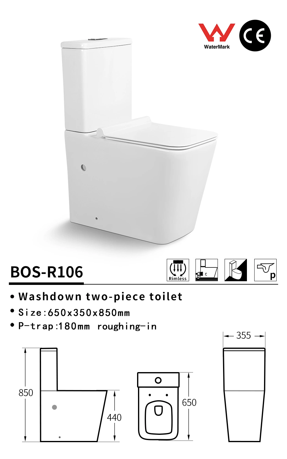 Closet Bathroom Sanitary Ware Two Piece Rimless Watermark Ceramic Toilet with Slim Cover Seat Wc