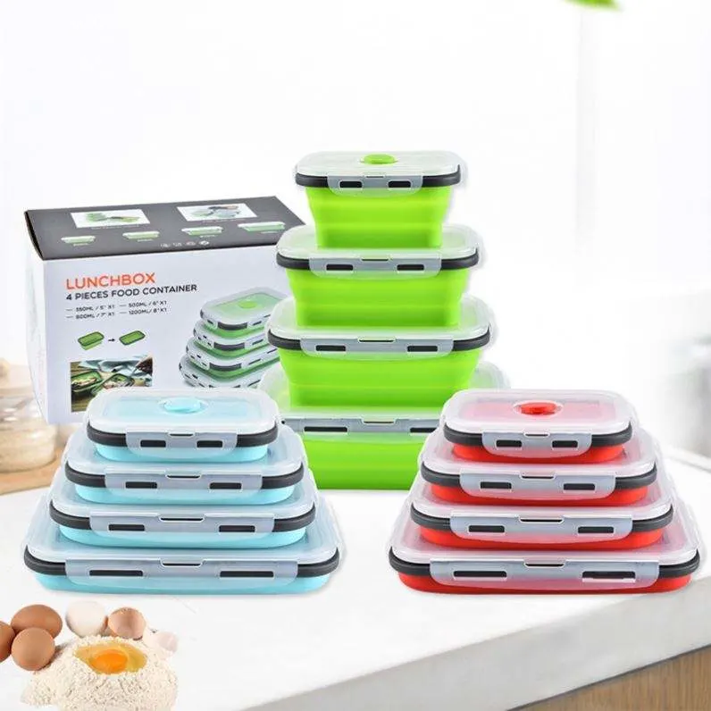 4 Pieces /Set Storage Container Folding Silicone Food Lunch Box Collapsible Convenient Silicone Lunch Box with Lid