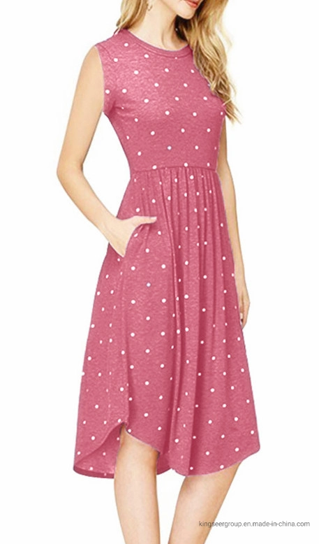 Fashion Hot Sale Lady Skirt Printing Dots Round Neck Casual Women Long Dress