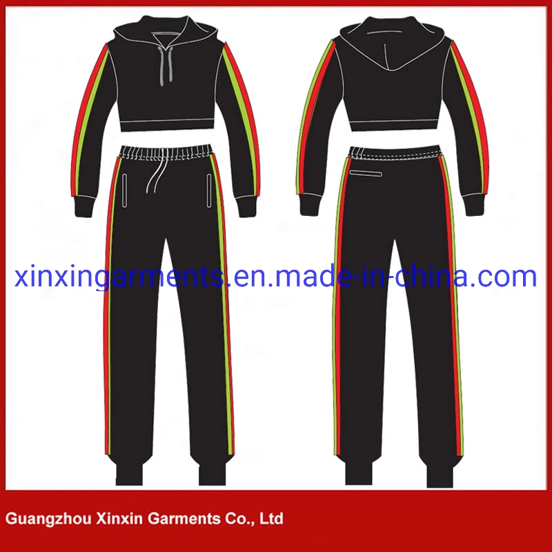 Fashion Design Women Hooded Crop Top Tracksuit Striped Sport Jogging Suits Wholesale (T430)