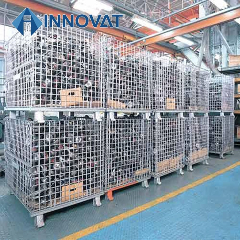 Foldable Galvanized Portable Storage Cage Metal Box Wire Mesh Container for Warehouse