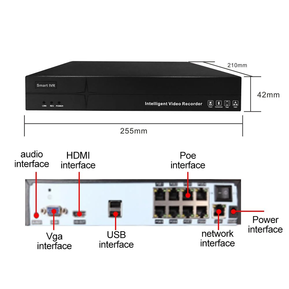 H.265+/H.265/H.264 Triple Stream Decoding/HDMI,VGA Synchronous Output/Bandwidth up to 64m 4K8channel  Ipc Parameter Configuration Smart Human Detection Poe NVR