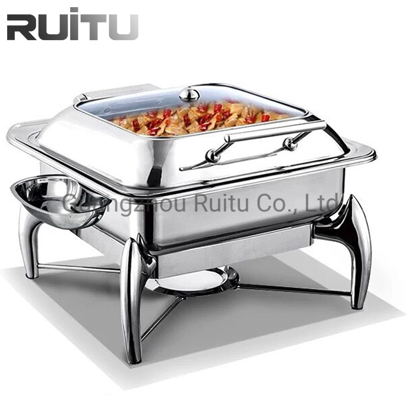 Hotel Buffet Server Food Warmer Dish Fuel or Electric Heater Stove Square Shape 6L Stainless Steel Hydraulic Chef in Dish Glass Lid Chaffing Dishes for Home Use