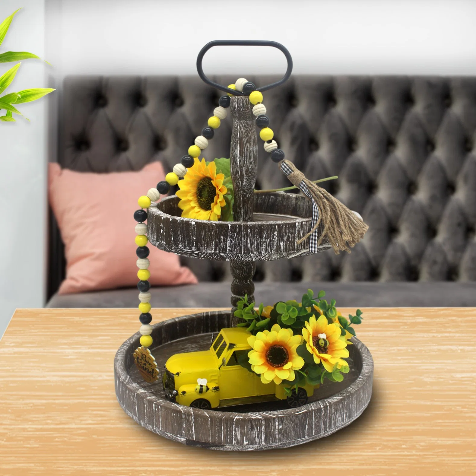 Amarillo Metal Tabletop camión Bandeja Tiered decoración Vintage Girasol