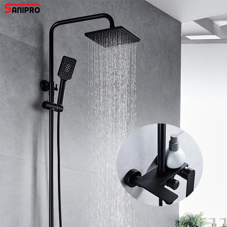 Sanipro Sliding Column Shower Head Rain Rainfall System Black Brass Hot Cold Bath Taps Faucets Mixer Bathroom Shower Set