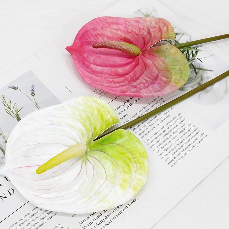 Flores verdes falsas Faux Anthurium em látex rosa para a sala de estar Decoração de casa