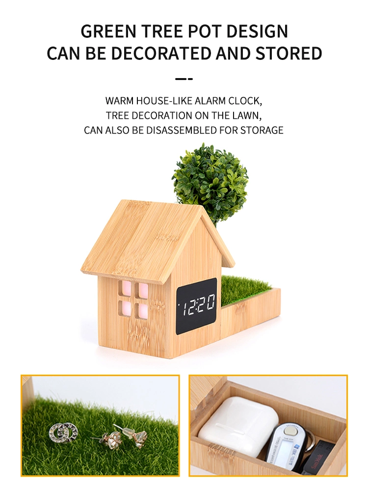 Custom Gift Home Decoration Real Bamboo House Shape Solid Wood Alarm Clock