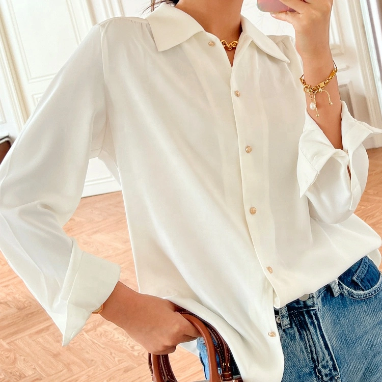 High quality/High cost performance  Wholesale/Supplier Summer Daily Women Long Sleeve Ladies Shirt Fashion Modern Solid White Buttons up Women Blouse