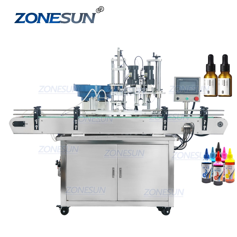 Zonesun doble cabeza giratoria de la bomba magnética Frasco gotero de llenado de líquido de la línea de Máquina Tapadora