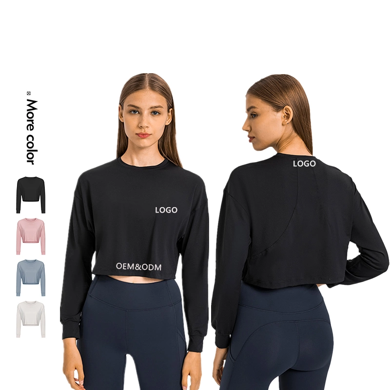 Xsunwing Women Fitness Sports Yoga Top Solid Loose Crop Tops Workout Long Sleeve Shirts Ladies Apparel