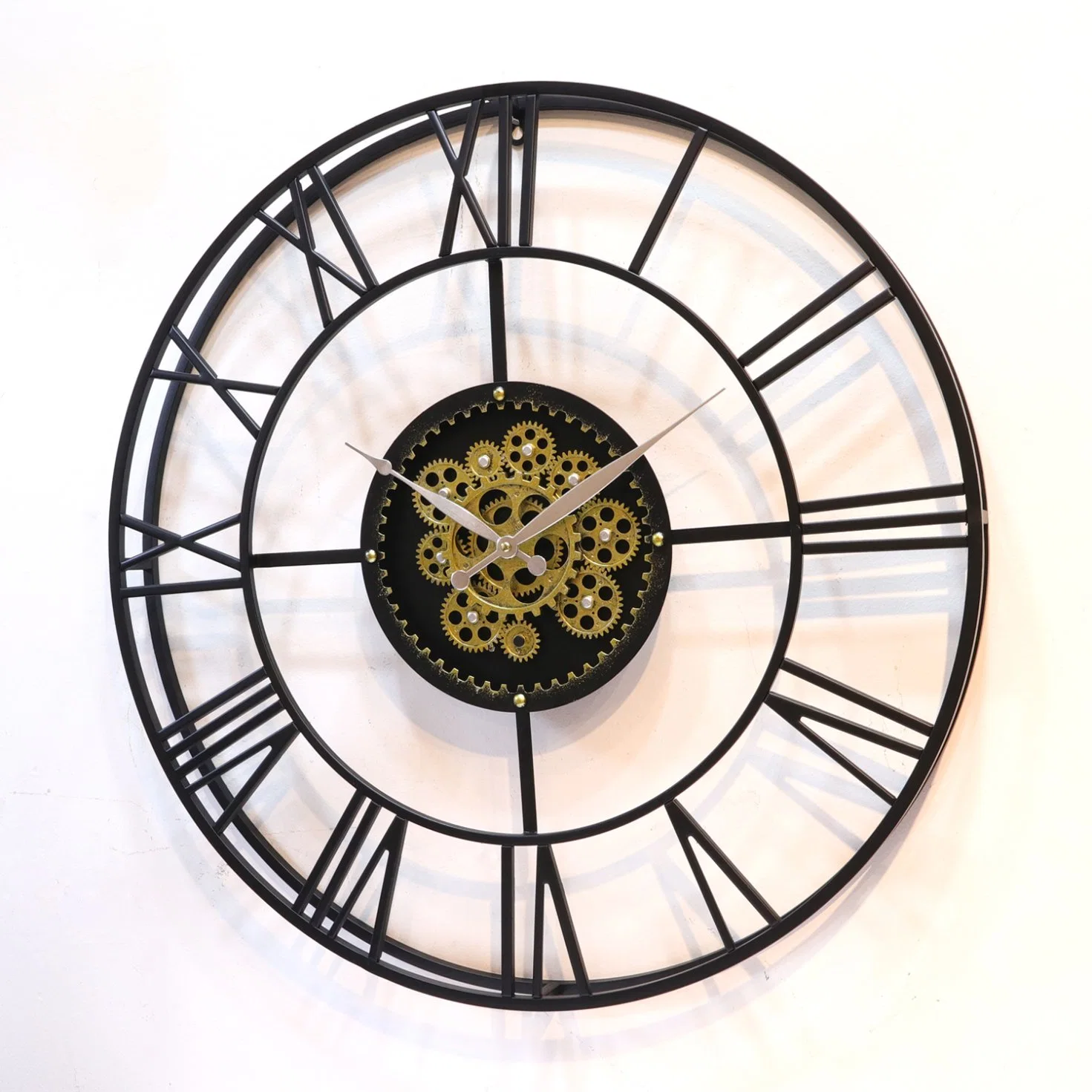 Skeleton Black Gold Colour New Arrival 60cm Moving Cog Gear Round Metal Wall Clock