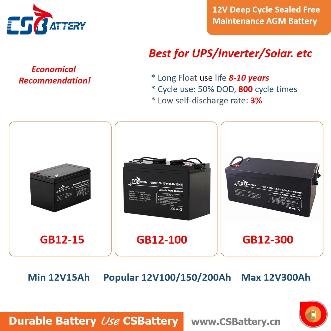 Csbattery 12V45ah 3years Warranty PV Solar Battery for Sweeper/Boat/Water Pump/Amy