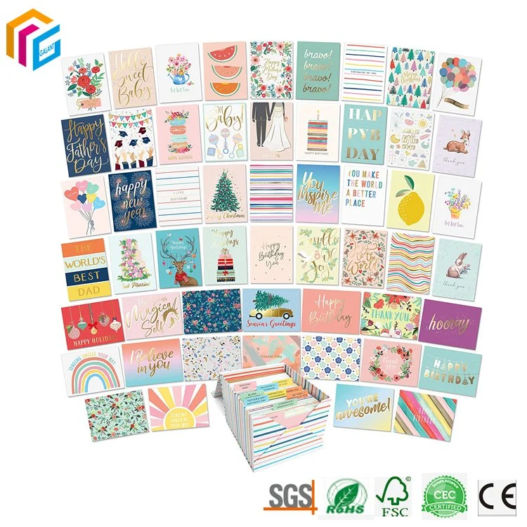 Diseño personalizado a todo color impreso en papel hecho a mano tarjetas sobre Pacakging Gracias Establecer Tarjetas de felicitación con caja de regalo