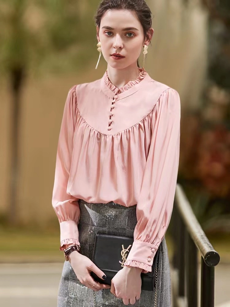 Ladies Unique Pink Color Loose Apparel Beatiful Western Style Ruffle Neck Blouse