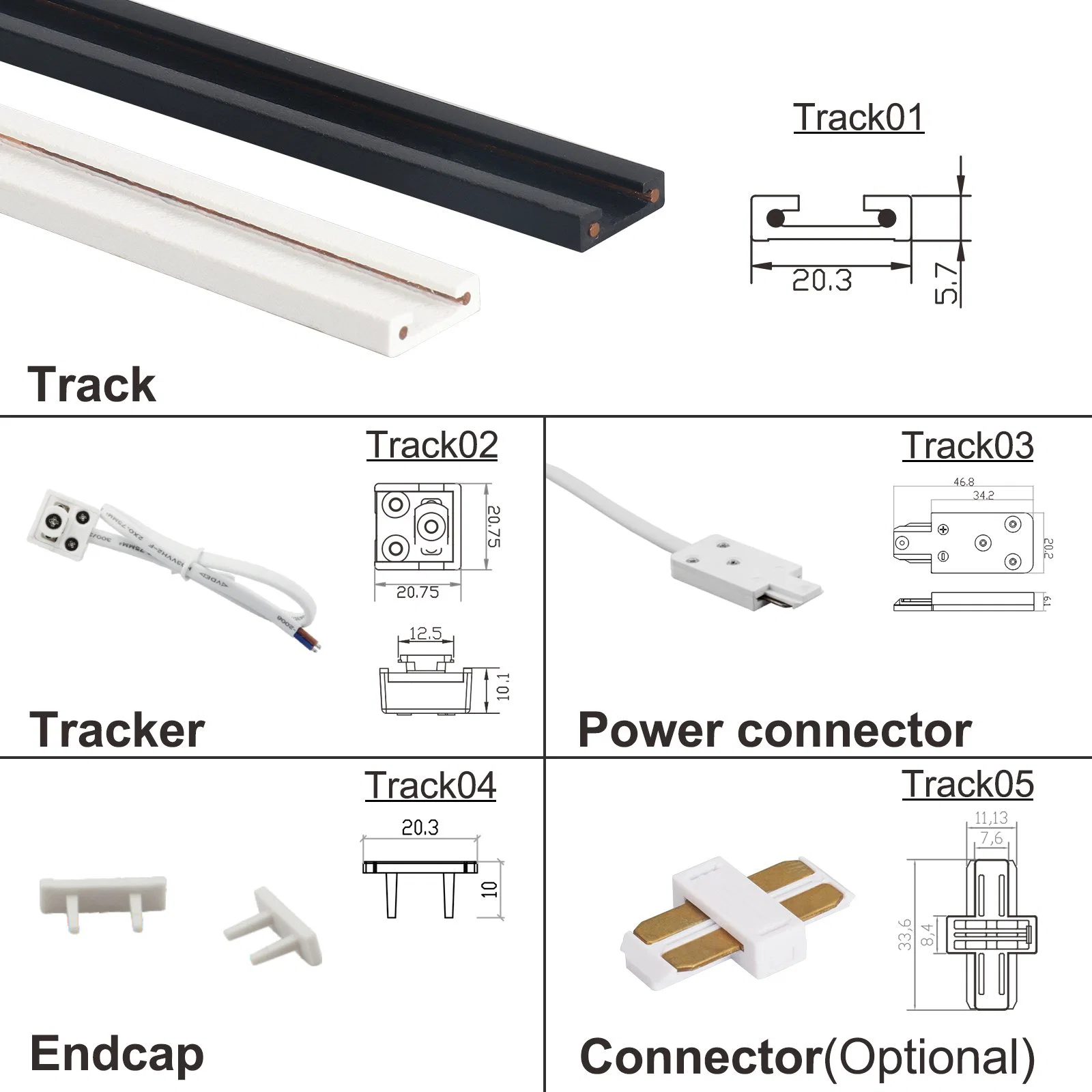 Los estantes de accesorios de iluminación 12V/24VCC Mini Power vía sistema raíl con conectores eléctricos