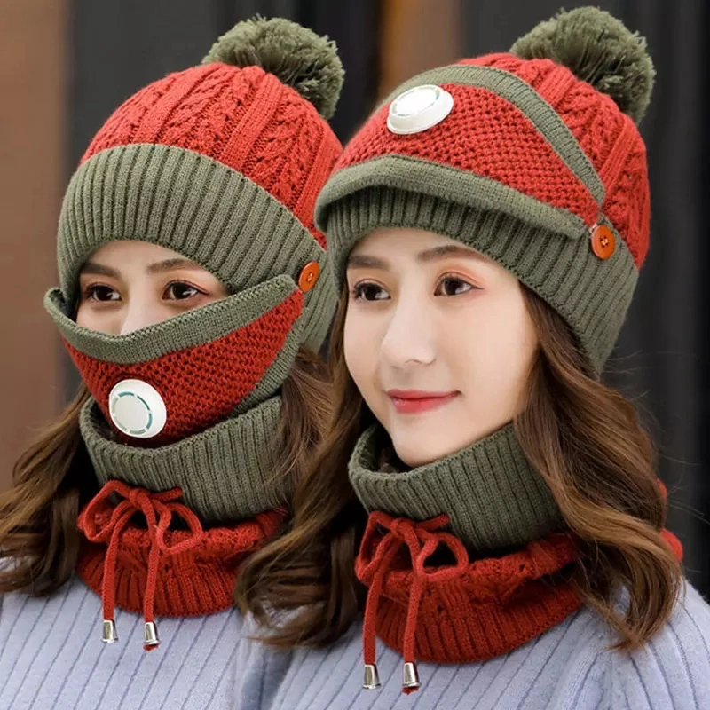 طقم قناع الوجه الدافئ من قماش Fleece Knit Winter Hat Scarf للفتيات قبعة من مص الأذن مع Pom Pom تصميم مخصص Knined Beanie قبعة للنساء