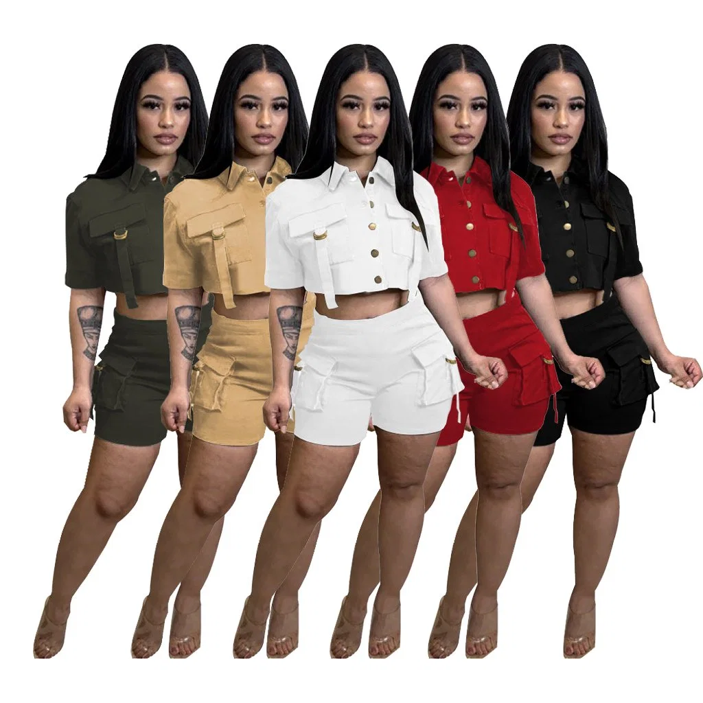 L2266 Verano Moda Streetwear Multi-Pocket Botón de la mujer carga cortos