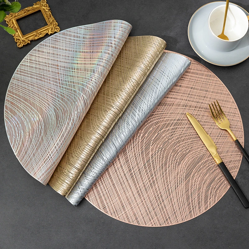 Europe Round Vinyl Dining Table Mats PVC Pressed Leaf Pattern Placemats Party/Wedding Round Striped Placemats