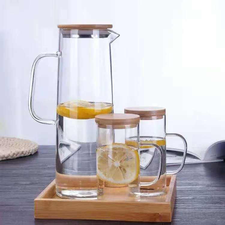 1300ml Home Glassware Water Pot Pitcher Set with Bamboo Lid Two Cups