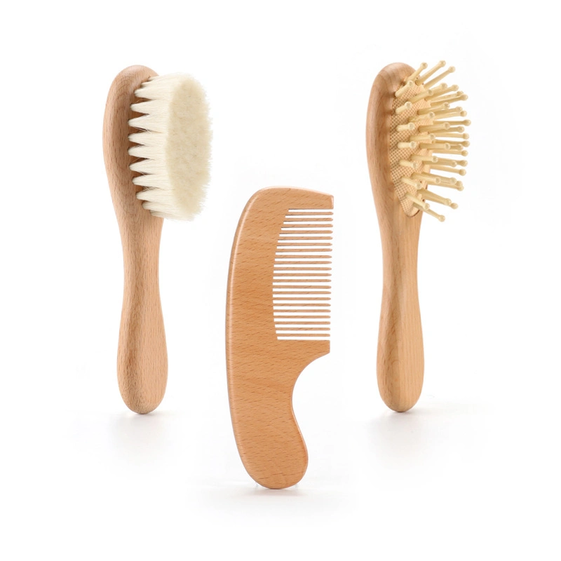 Commerce de gros poils de chèvre doux naturel Socle en bois et le peigne Brosse brosse bébé fixés pour les nouveau-nés Toddler