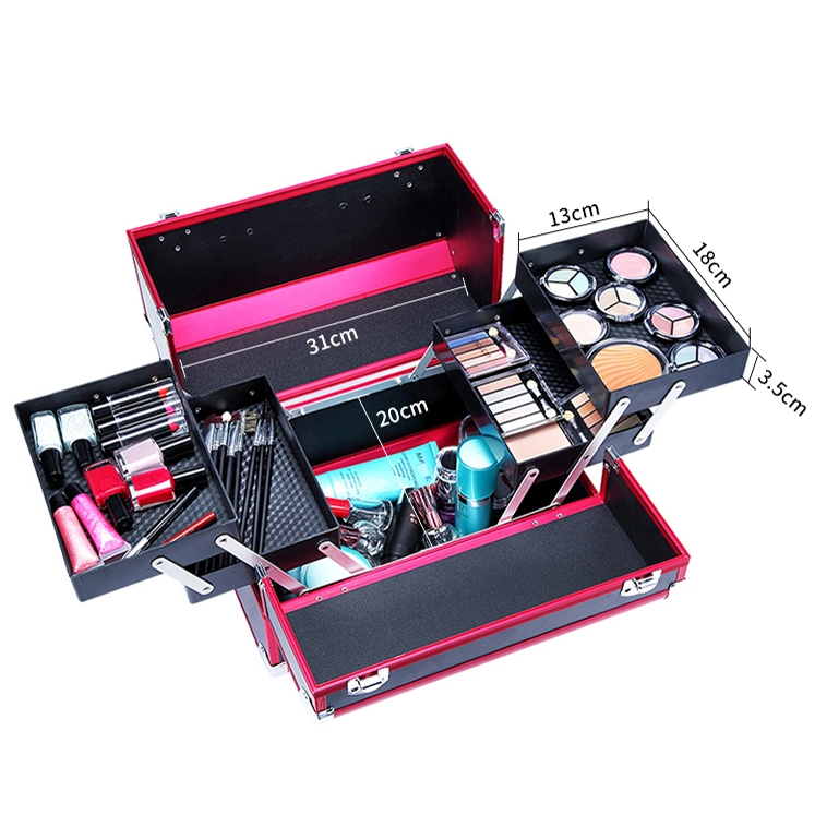 Professional Muti-Function Makeup Train Case Professional Aluminum with 6 Tier Tray and Brush Holder