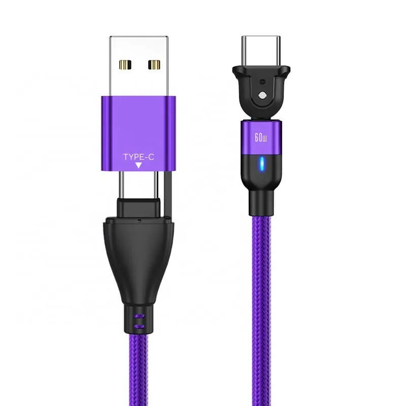 Cabos de carregamento USB tipo C de rotação de 180 graus para Lightning/Micro-USB/tipo