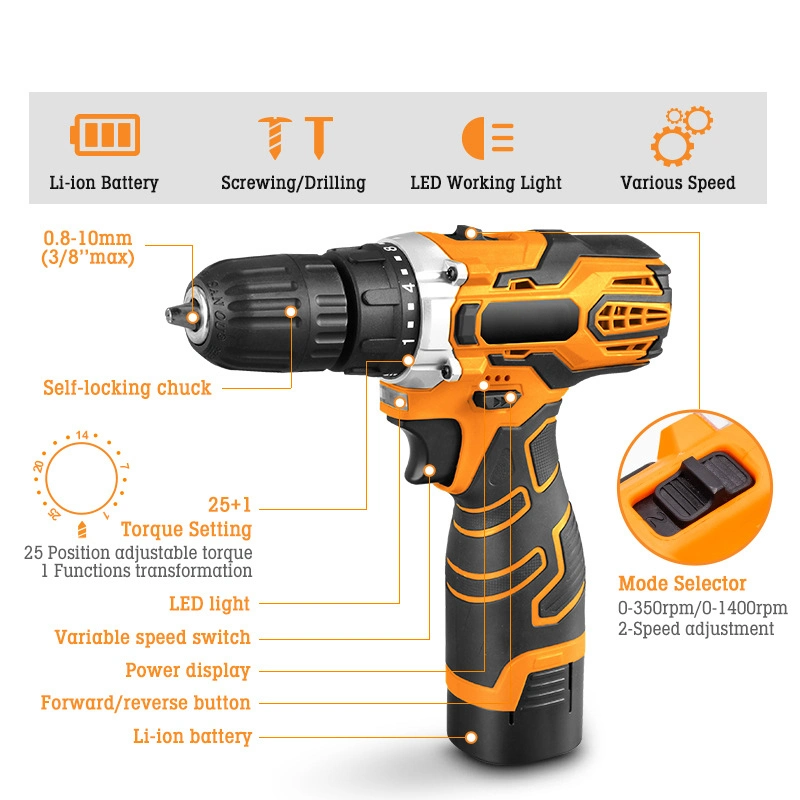 Akku-Bohrschrauber-Set mit Ladegerät und 2 X 2,0ah Li-Ion-Batterien, Power Drill