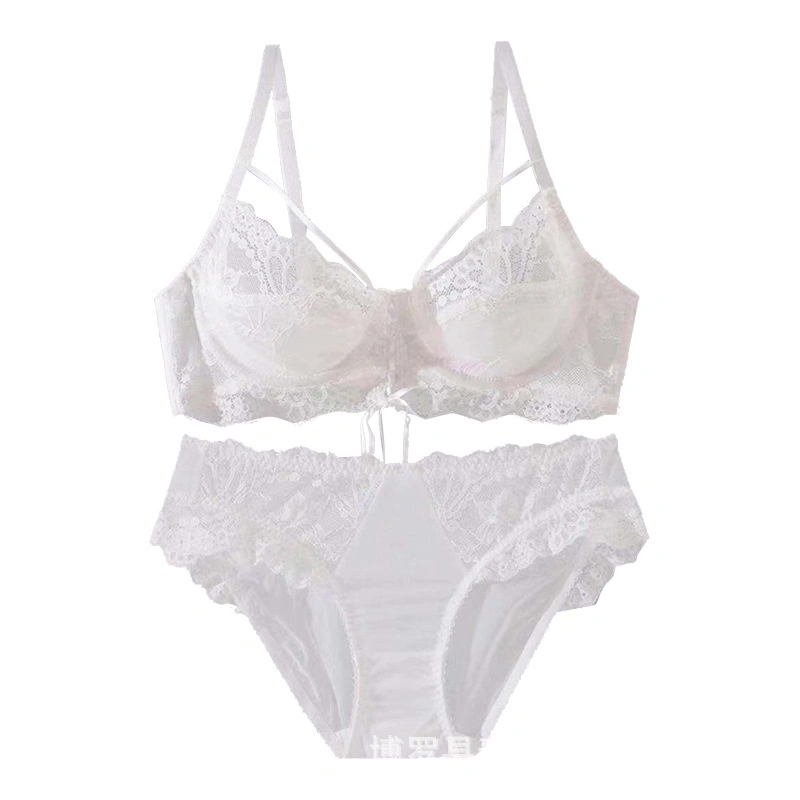 Ensemble de lingerie sexy personnalisé en dentelle légère rose transparente pour femmes, soutien-gorge et sous-vêtements.