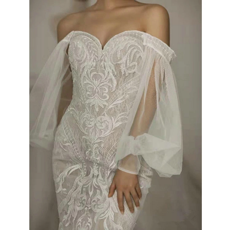 Wedding Dress Spring/Summer 2022 New Lace Beaded Tube Top Collar Long Sleeve Light Luxury Slim Tail Bridal Wedding Dress