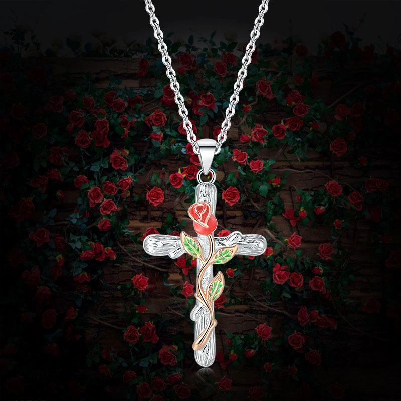 New Arrival Rose Wrapped Cross Pendant Necklace Creative Stainless Steel Drip Oil Clavicle Chain Women&prime; S Accessories