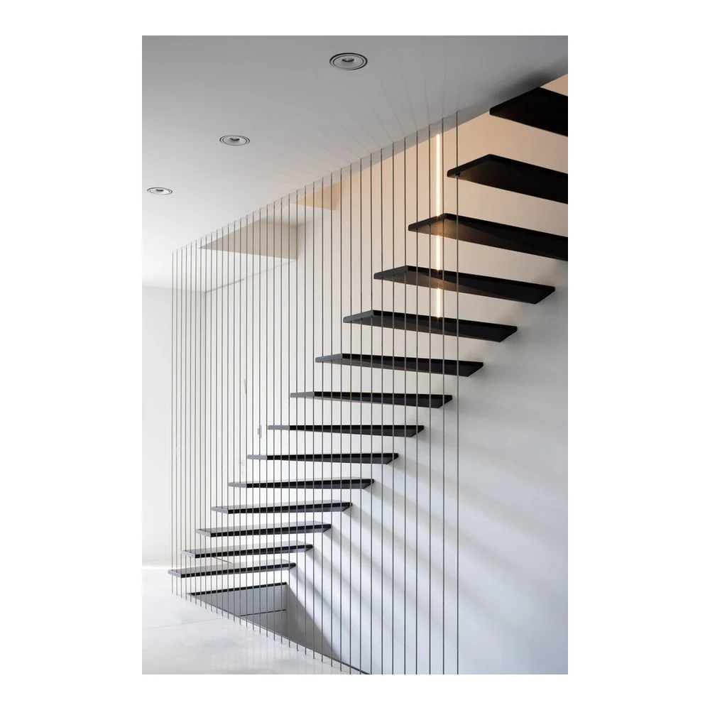 Floating Staircase Modern Design Indoor Straight Glass Railing LED Staircase Solid Wood Treads Floating Steel Wood Stairs