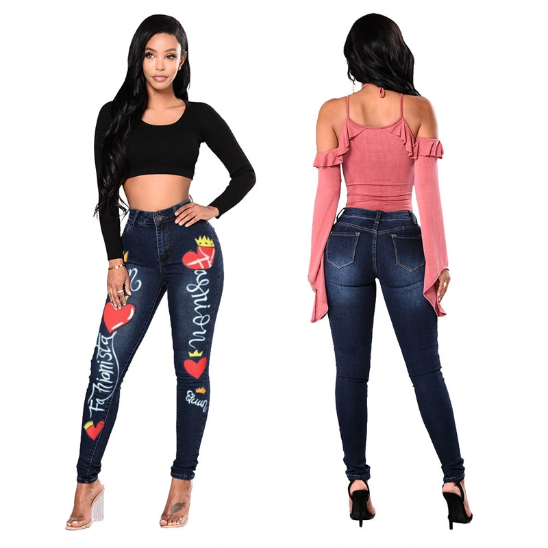 Hot Summer Women's Fashion All Match Tight Love Printed Jeans Female (CFJPFM-034)