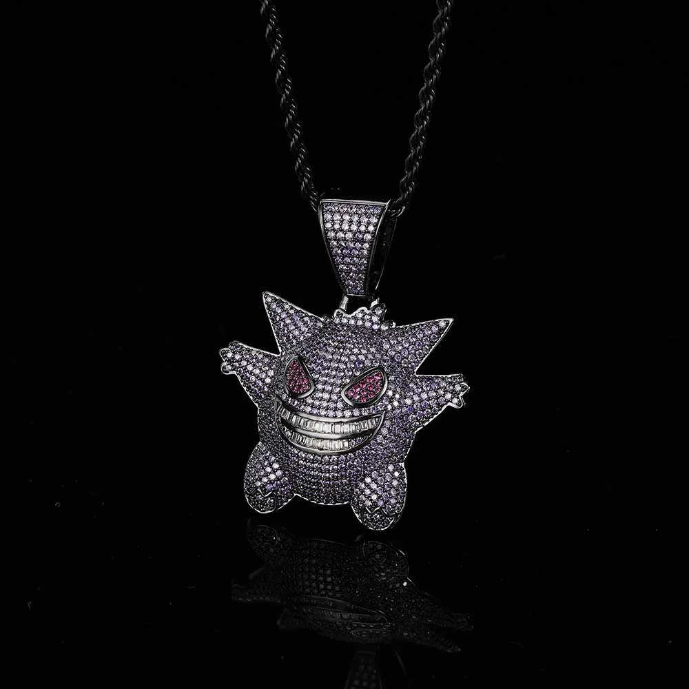 European and American Ins Full Zircon Purple Ghost Pendant Necklace Hiphop Cartoon Character Sweater Chain Fashionable Brand Accessories