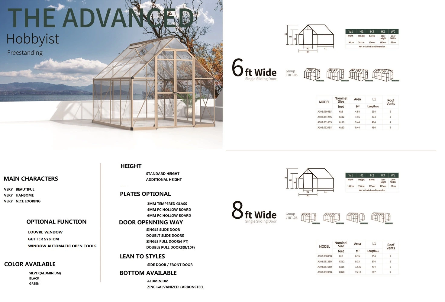 6X4 6X6 6X8 6X10 6X12 6X16 Polycarbonate Board or Termpered Glass with Aluminium Frame Walk-in Hobby Garden Greenhouse