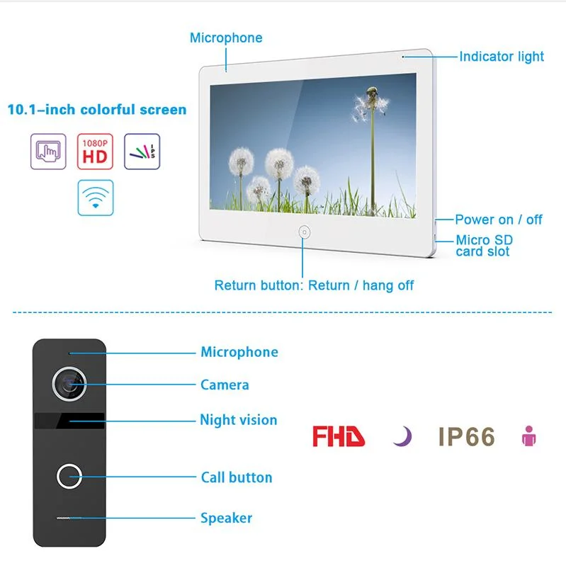 4 Wires 10.1" WiFi Home Security Video Doorphone Intecom Kit